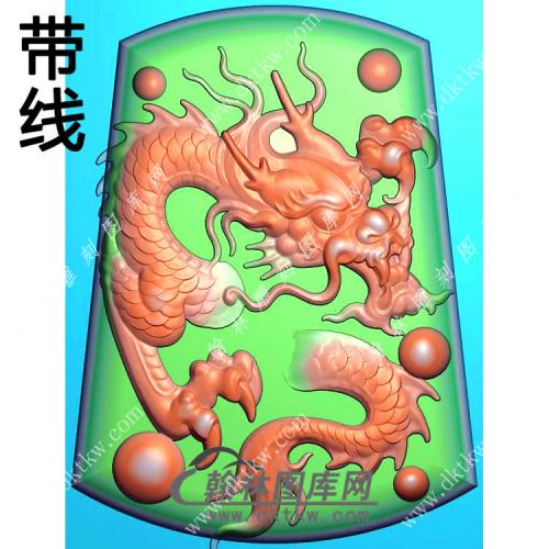 玉雕梯形带鳞龙牌挂件带线精雕图（GLF-151)