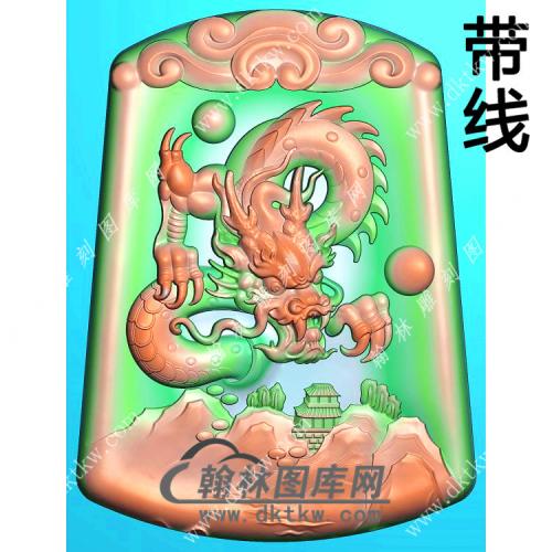 玉雕凹底龙牌挂件带线精雕图（GLF-472)