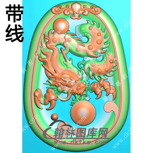 玉雕椭圆凹底洋花牌头龙牌挂件带线精雕图（GLF-505)