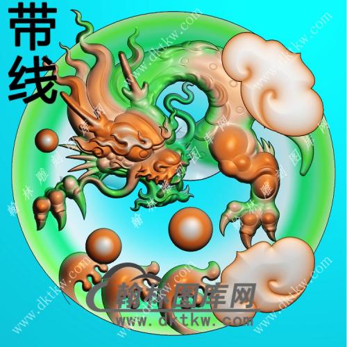 圆形凹底大头龙牌挂件带线精雕图（GLF-583)