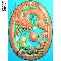 玉雕椭圆凹底洋花牌头龙牌挂件带线精雕图（LF-431)