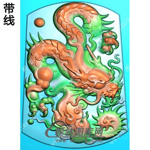 玉雕梯形龙牌挂件带线精雕图（GLF-065)