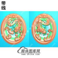 玉雕椭圆凹底兽头兽面牌头火焰龙牌挂件带线精雕图（GLF-074)
