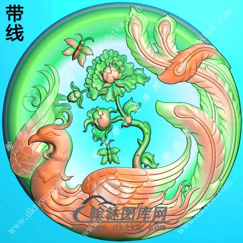 玉雕圆形凹底牡丹凤凰挂件带线精雕图（GLF-046)