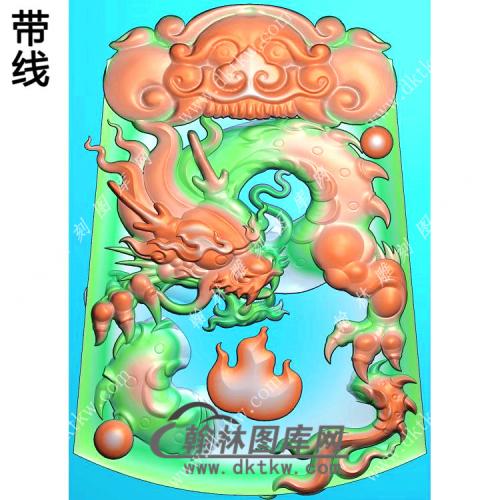 玉雕梯形凹底兽头兽面牌头火焰龙牌挂件带线精雕图（GLF-272)