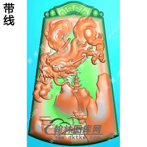 玉雕梯形仿古牌头山水龙牌挂件带线精雕图（GLF-292)