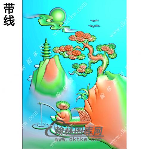 宝塔松树山水人物挂件带线精雕图（SSG-370)