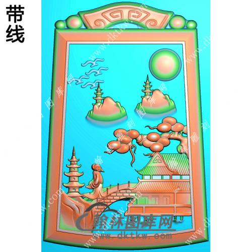 仿古牌头山水人物挂件带线精雕图（SSG-284)