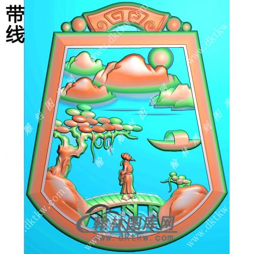 仿古牌头山水人物挂件带线精雕图（SSG-295)