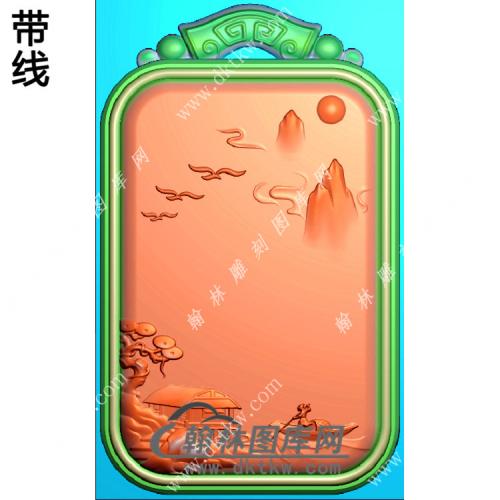 仿古牌头山水人物挂件带线精雕图（SSG-379)