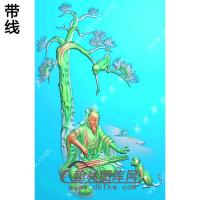 松树猴子古代人物抚琴挂件带线精雕图（SSG-461)
