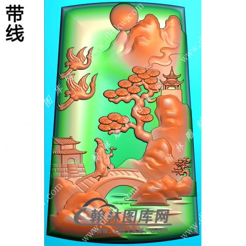 玉雕梯形山水人物挂件带线精雕图（SSG-315)