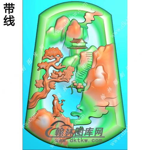 玉雕梯形山水人物挂件带线精雕图（SSG-405)