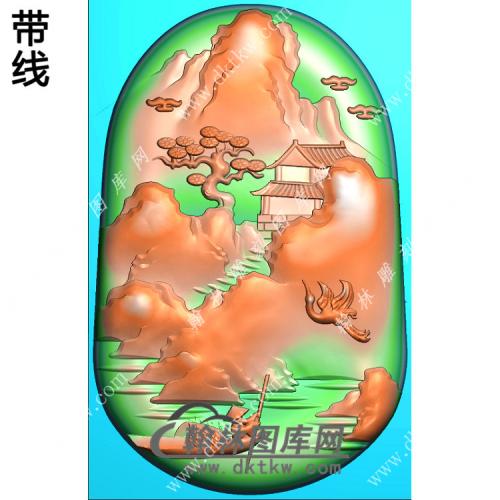 玉雕椭圆山水人物挂件带线精雕图（SSG-402)