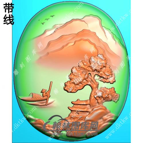 玉雕椭圆山水人物划船挂件带线精雕图（SSG-444)