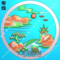 玉雕圆形山水挂件带线精雕图（SSG-321)