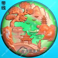 玉雕圆形山水人物挂件带线精雕图（SSG-331)