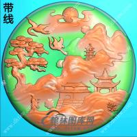 玉雕圆形山水人物挂件带线精雕图（SSG-392)