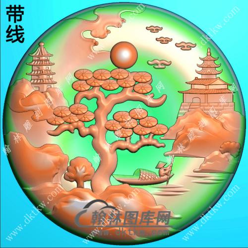 玉雕圆形山水人物挂件带线精雕图（SSG-395)