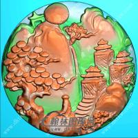 玉雕圆形山水人物挂件精雕图（SSG-418)