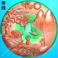 圆形玉雕山水人物挂件带线精雕图（SSG-354)