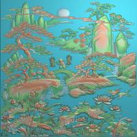 樵夫砍柴祥云仙鹤松柏荷花山水画顶箱柜上门板屏风带线(SSRW-130)