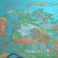 山水 庭院人物祥云松柏鹤顶箱柜上门板屏风带线(SSJD-226)