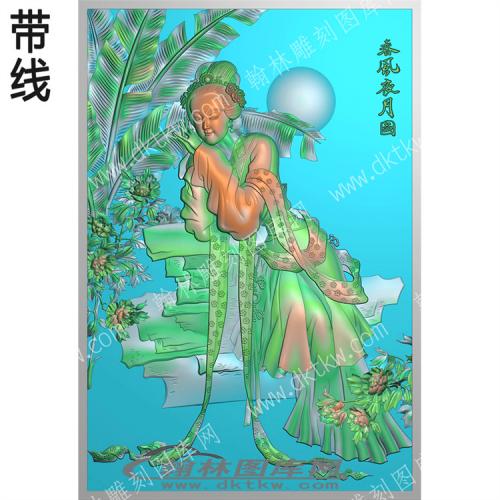 人物春风夜月图仿古古典侍女芭蕉叶明月花草带线精雕图（SN-119）