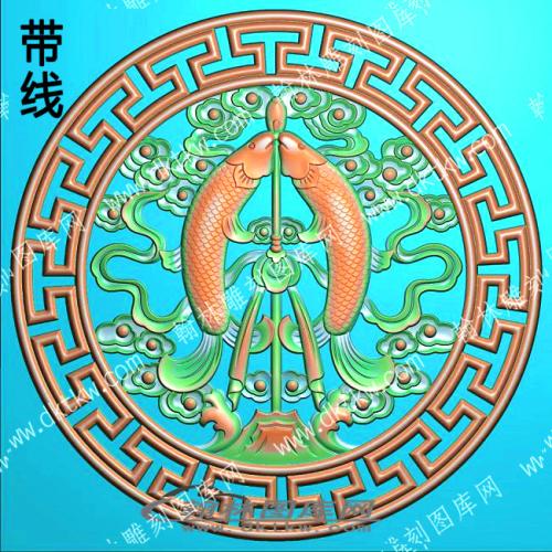 藏式八宝圆形双鱼祥云带线精雕图（ZSBB-08-11)