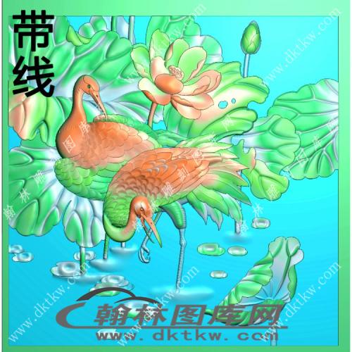 中式植物荷叶莲花莲蓬仙鹤精雕图（ZSZW-003）