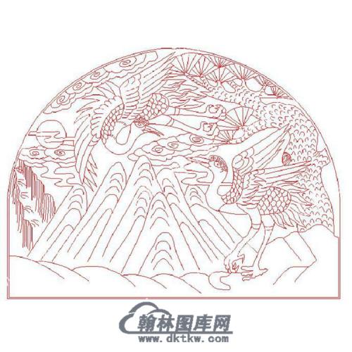 墓碑碑头仙鹤山祥云矢量线雕图（MBBT-223)