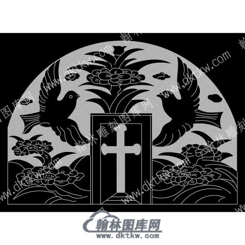 墓碑碑头和平鸽基督教十字架线雕图（MBBT-235)