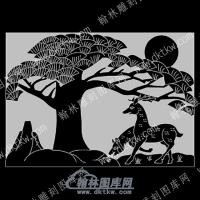 墓碑栏板松柏与鹿线雕图（MBLB-571)