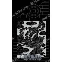 墓碑抱鼓耳朵铜钱凤祥云线雕图（MBBG-772)