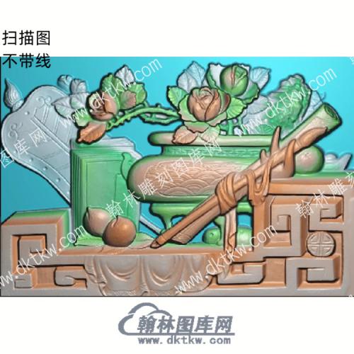 中式博古桃花芭蕉扇扫描图（ZSBG-005）