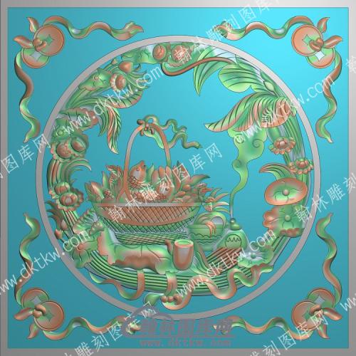 中式铜钱鲤鱼篮子荷叶莲花精雕图（ZSZW-031）
