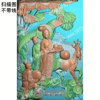 中式麻姑献瑞侍女童子梅花鹿扫描图（ZSRW-025）