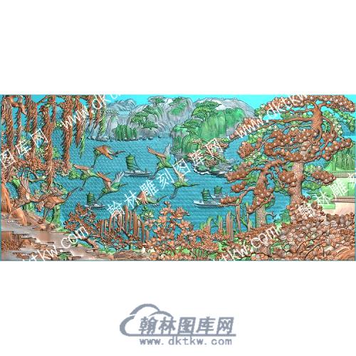 中式船柳树松鹤精雕图（ZSZW-396）
