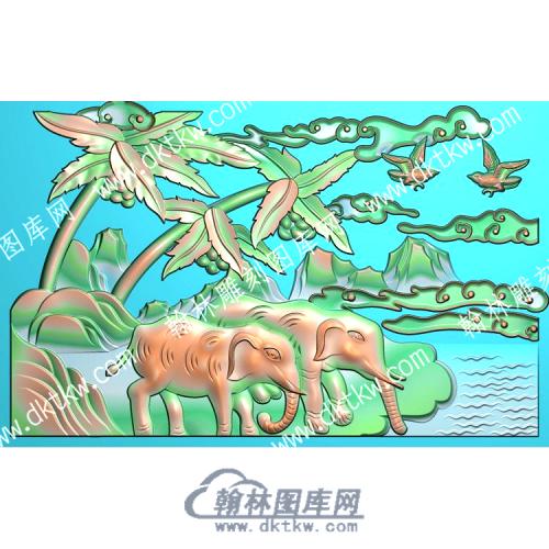 中式椰树祥云鸟大象精雕图（ZSDW-499）