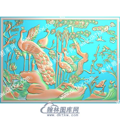 中式竹子松树梅花孔雀精雕图（ZSDW-522）