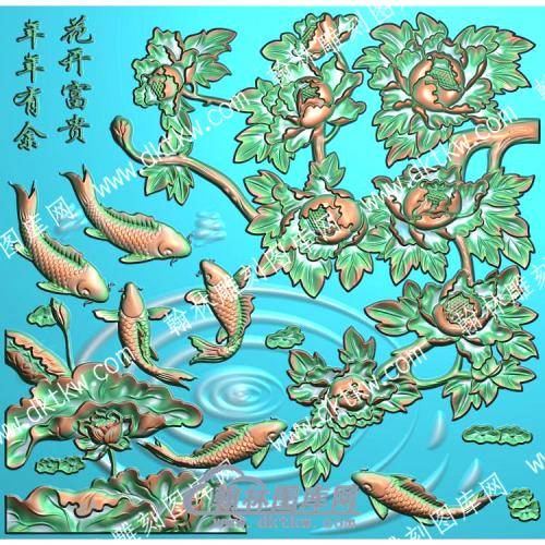 中式花开富贵年年有余鲤鱼莲花荷叶精雕图（ZSZW-223）