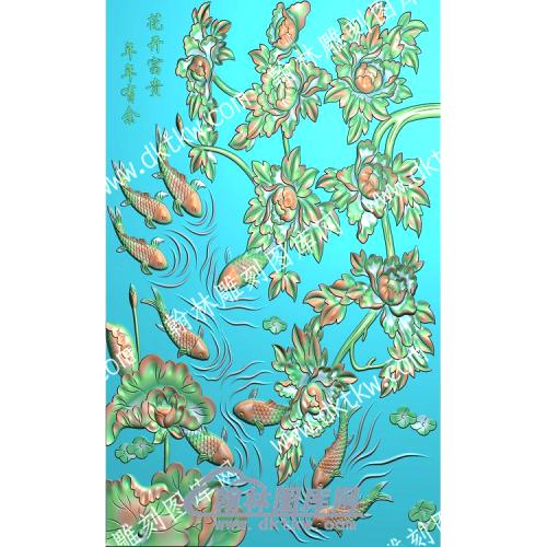 中式花开富贵年年有鱼牡丹鲤鱼荷花精雕图（ZSZW-137）