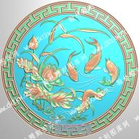 中式回纹框鲤鱼莲花水草荷花精雕图（ZSZW-146）