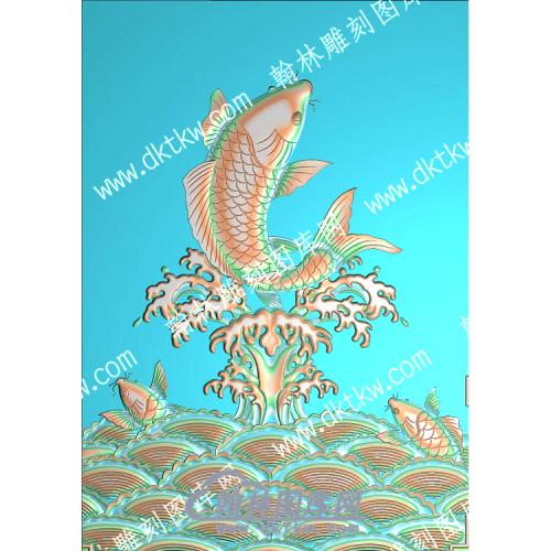 中式鲤鱼水波纹荷花精雕图（ZSZW-154）