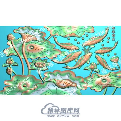 中式年年有鱼荷叶鲤鱼荷花精雕图（ZSZW-141）