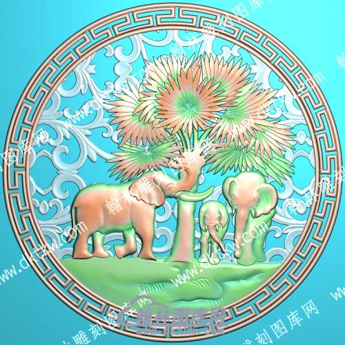 大象回纹框洋花精雕图（ZSDW-415）