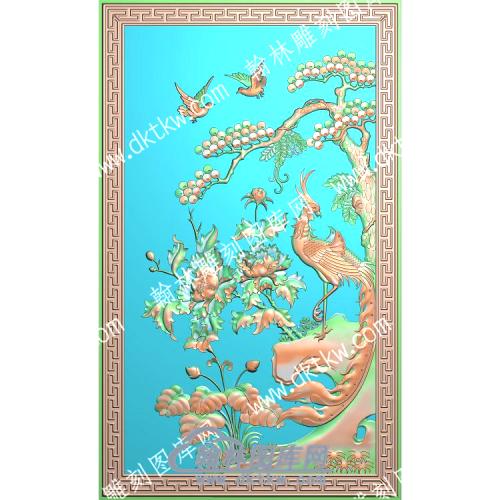 中式回纹边框锦鸡牡丹花鸟精雕图（ZSZW-318）