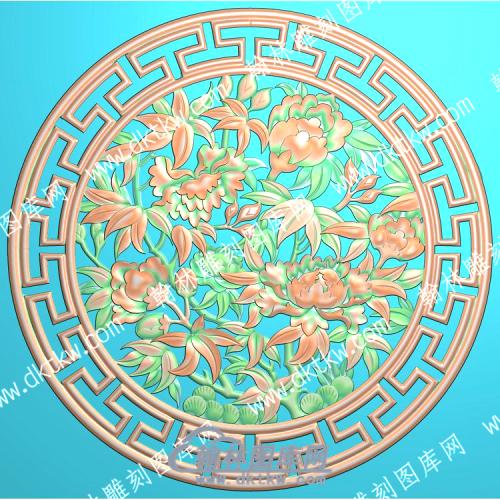 中式回纹边框牡丹精雕图（ZSZW-309）
