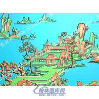 庭院山松树山水建筑精雕图（ZSSS-133）