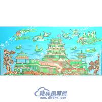 仙鹤山祥云庭院房屋船夫松树山水建筑精雕图（ZSSS-072）